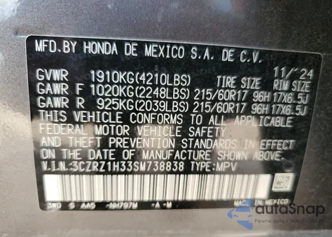 2025 Honda Hr-V Lx z USA, uszkodzony, nr VIN 3CZRZ1H33SM738838